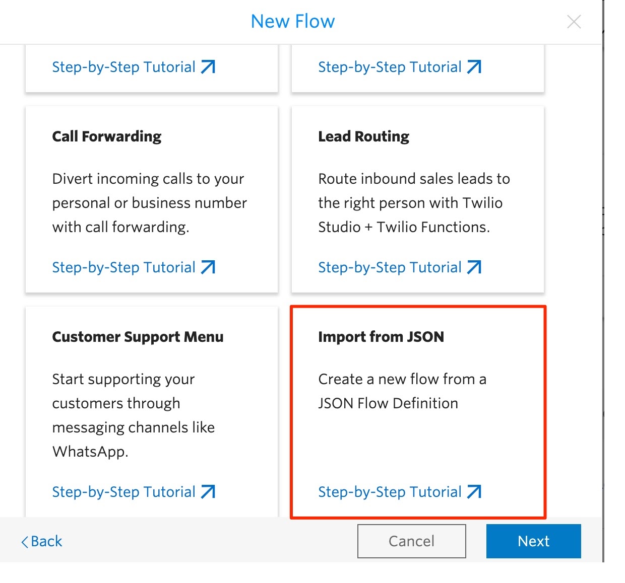 Screenshot of what the templates in the creation of a new Studio Flow look like with Import from JSON highlighted.