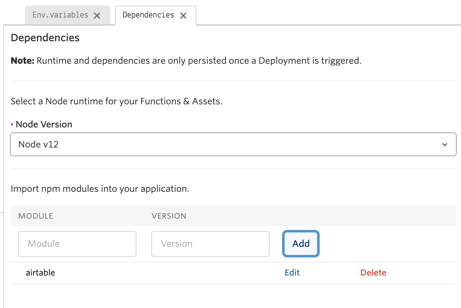 Screenshot of the dependencies part of Functions and where to put the airtable module.