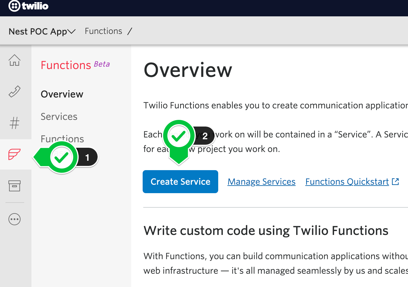 Twilio Console Screenshot; Create a Twilio Function Service