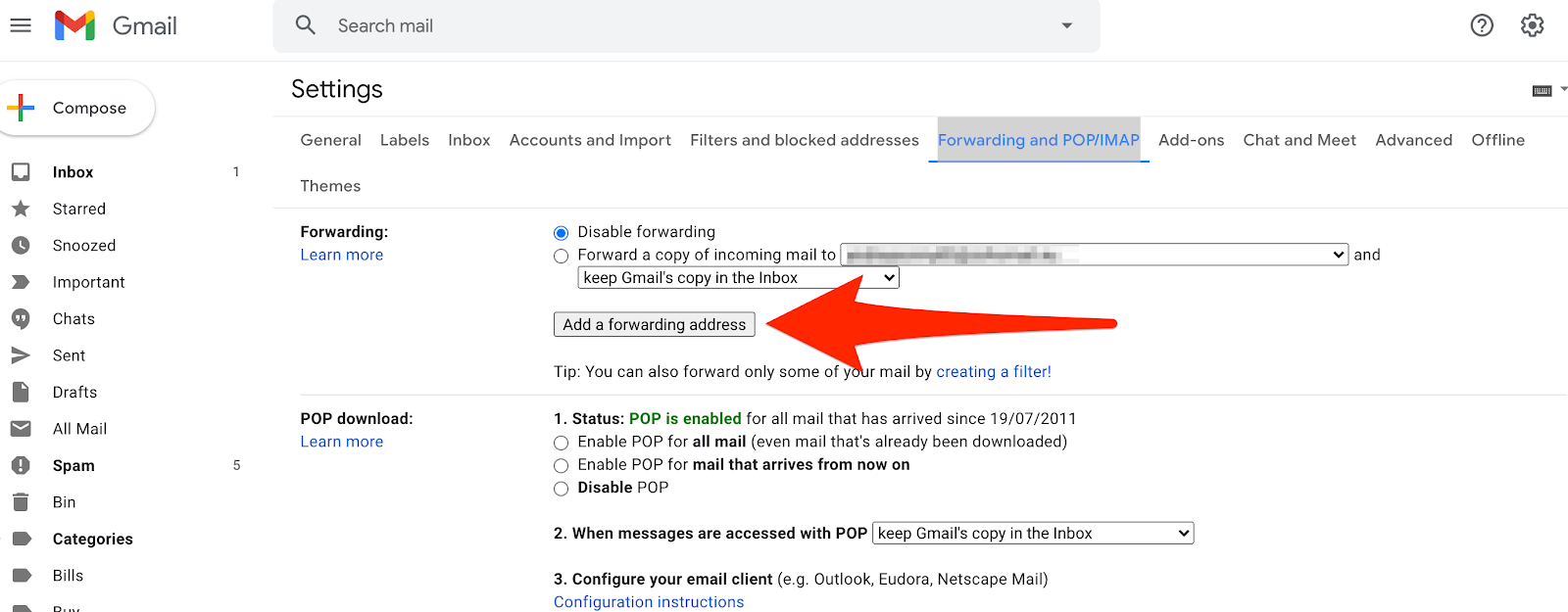 Screenshot of GMail Settings: Adding a Forwarding Address