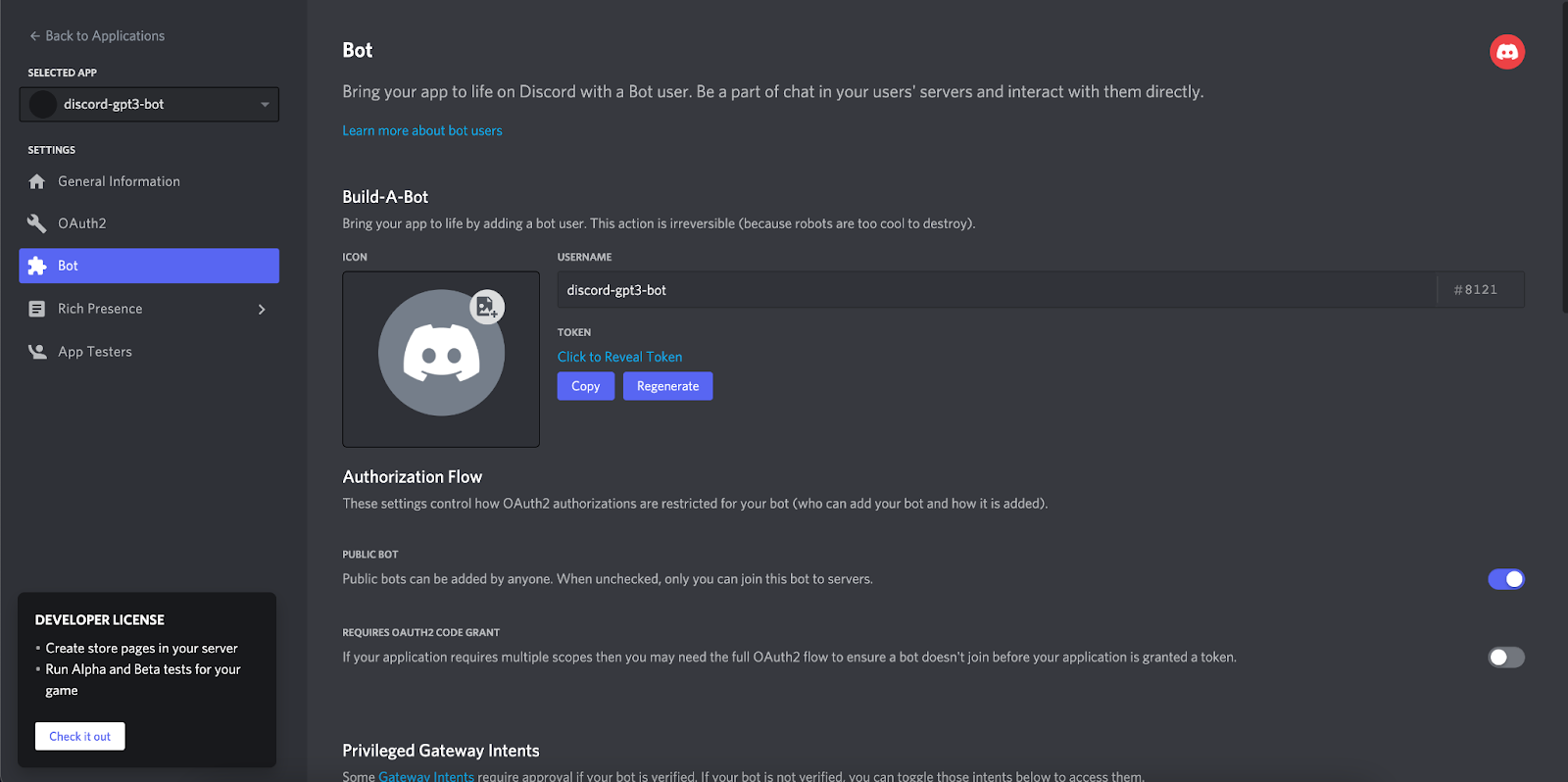 Bot section of DIscords Application portal