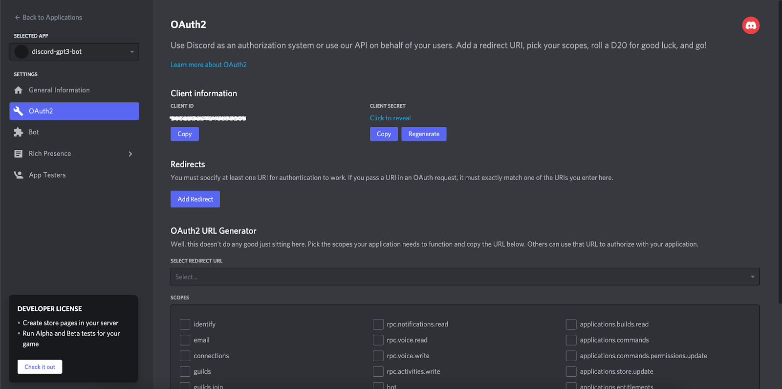 OAuth2 section of Discords applications portal