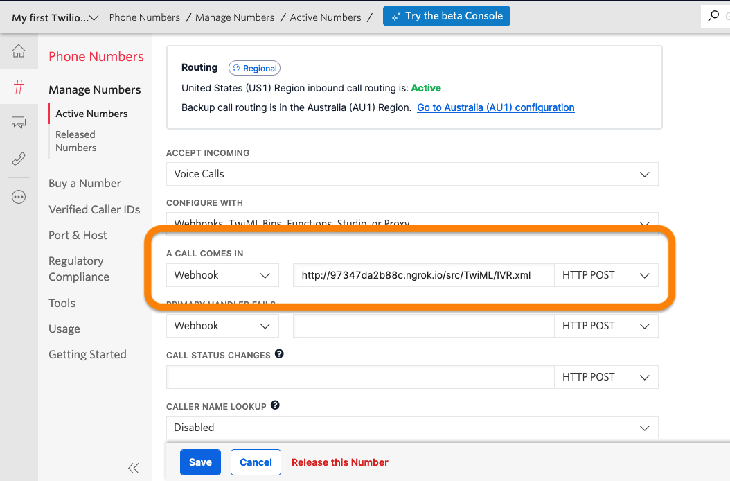 Twilio Voice and Fax configuration