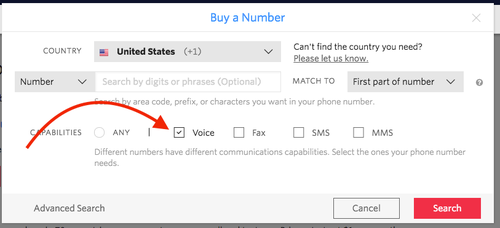 Buy Twilio phone number with voice capability