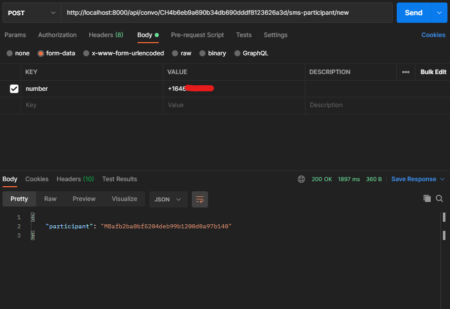 Postman example adding an SMS participant