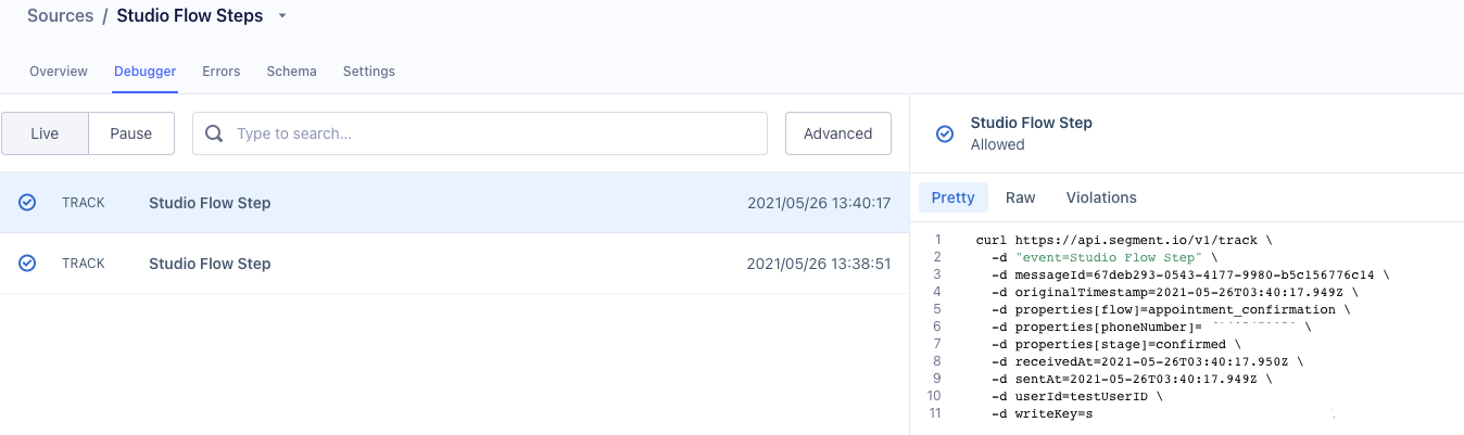 Segment Source Debugger showing receiving events successfully.