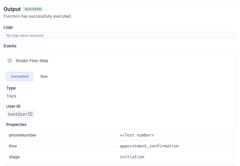 Segment Functions Output Success dialog showing properties and test user ID.