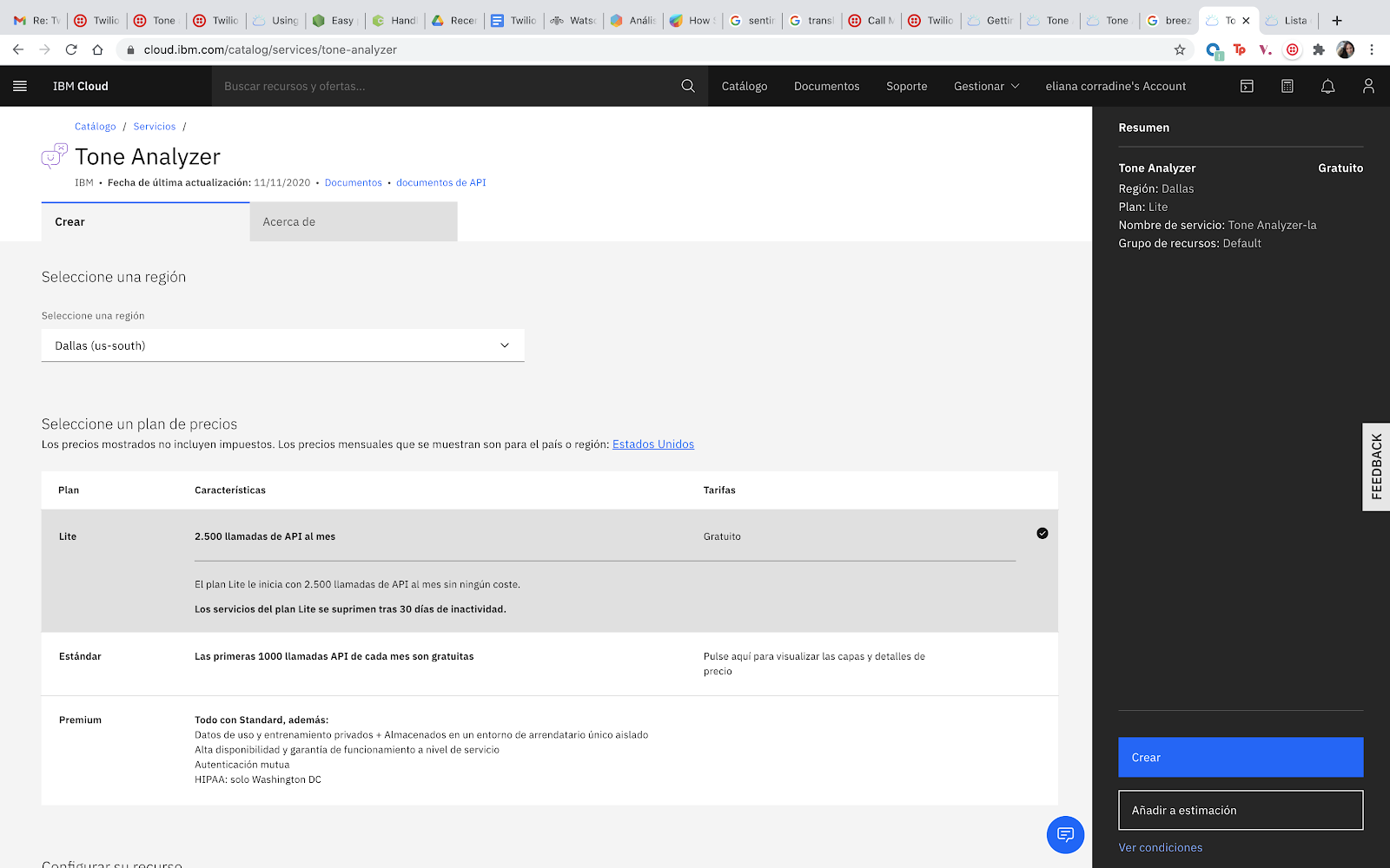 Imagen creación de servicio de Tone Analyzer en IBM Cloud