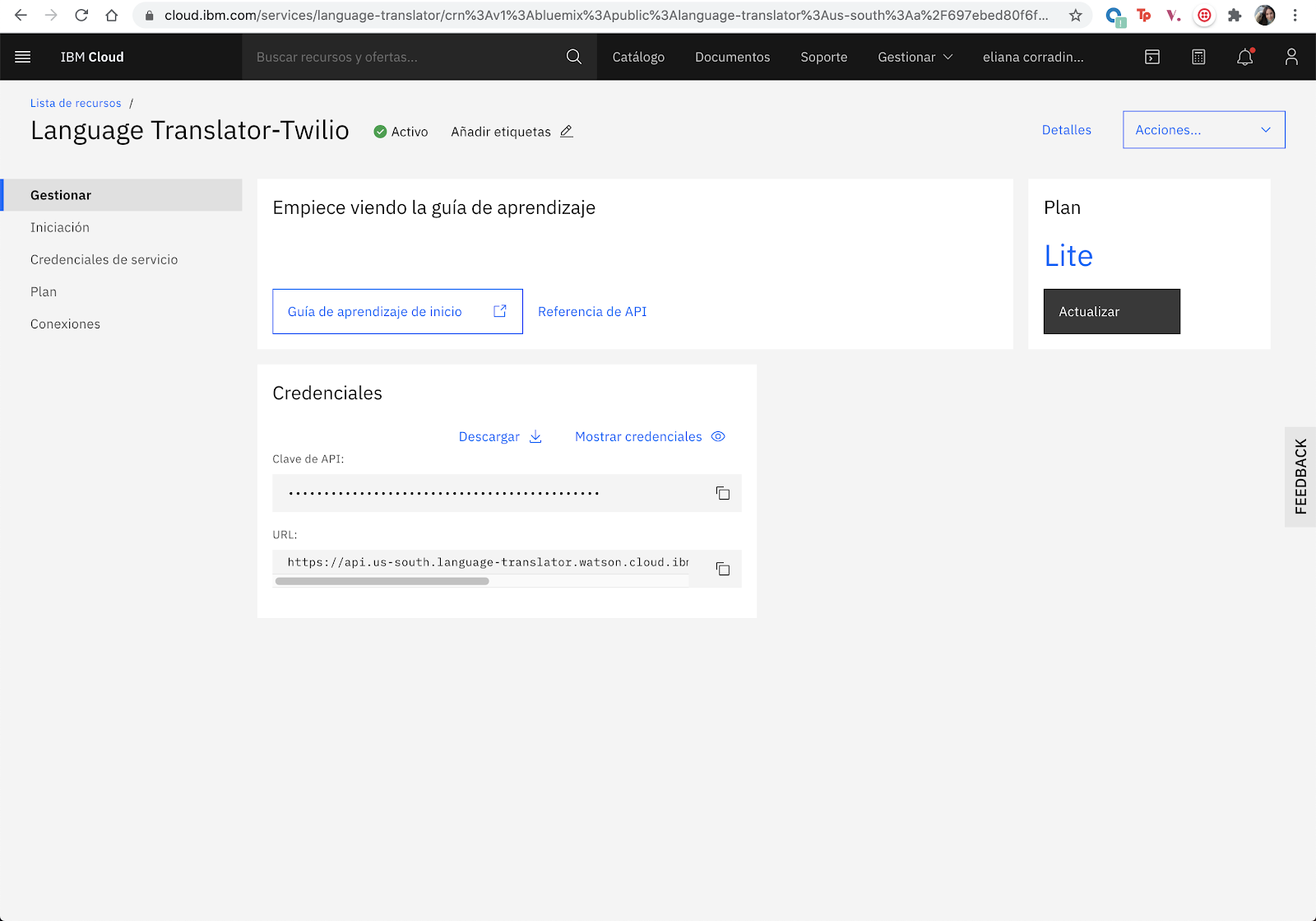 Imagen credenciales servicio Language Translator IBM Cloud