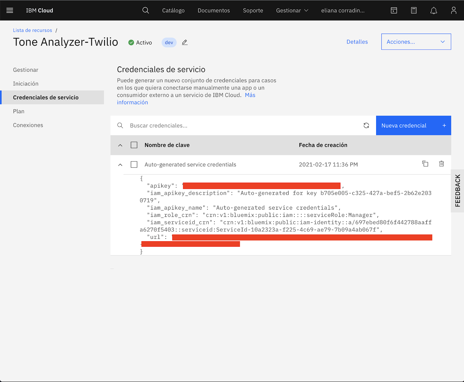 Imagen de credenciales servicio de Tone Analyzer