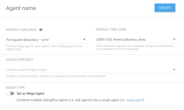 Detalhe da janela de criação de novo agente no DialogFlow