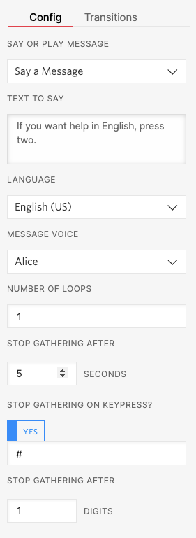 Detalhe do Twilio Studio com as configurações o componente para captura da tecla pressionada e fala de texto em Inglês