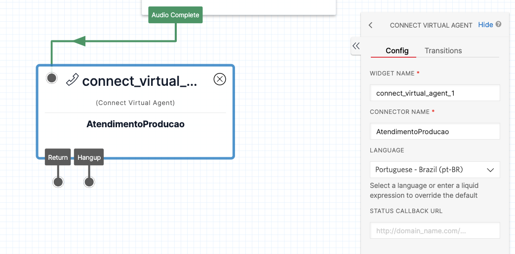 Tela do Twilio Studio exibindo detalhe da configuração do componente de conexão com o agente do DialogFlow e seleção do idioma em Português