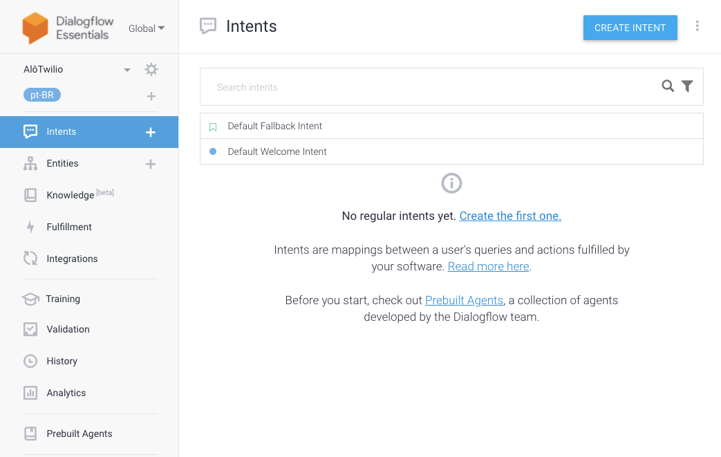 Tela do DialogFlow com o menu de Intents selecionado e botão &#x27;Create Intent&#x27;