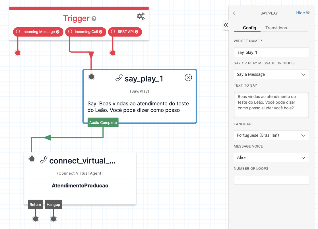 Tela do Twilio Studio exibindo detalhe da configuração do componente de síntese de voz em Português