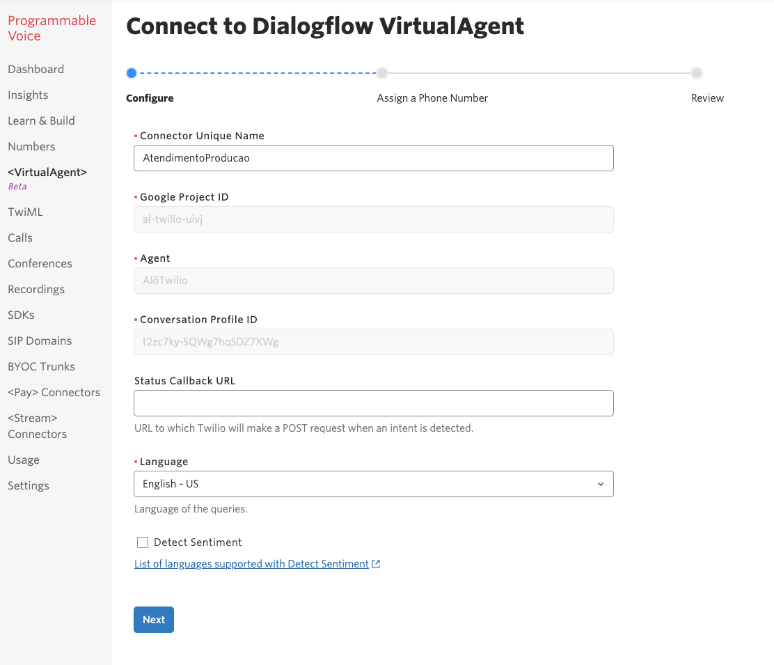 Tela do console da Twilio com o tutorial de configuração do Agente do DialogFlow