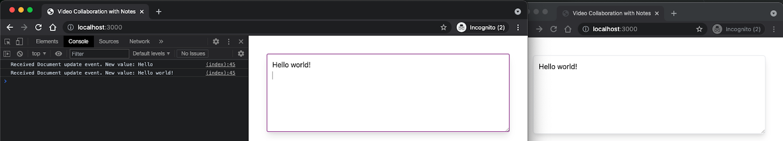Two adjacent browser windows, each with a notepad containing the text "Hello World". Developer console is open on the left.