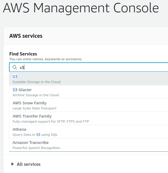 Search AWS service: S3