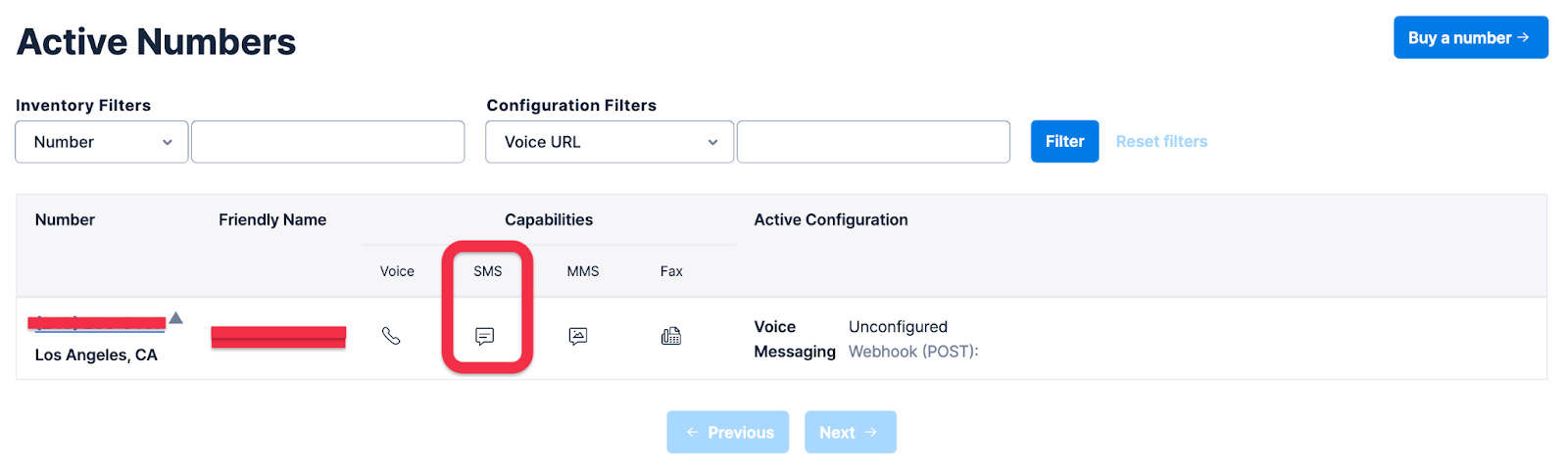 Retrieve an active Twilio phone number with SMS capabilities