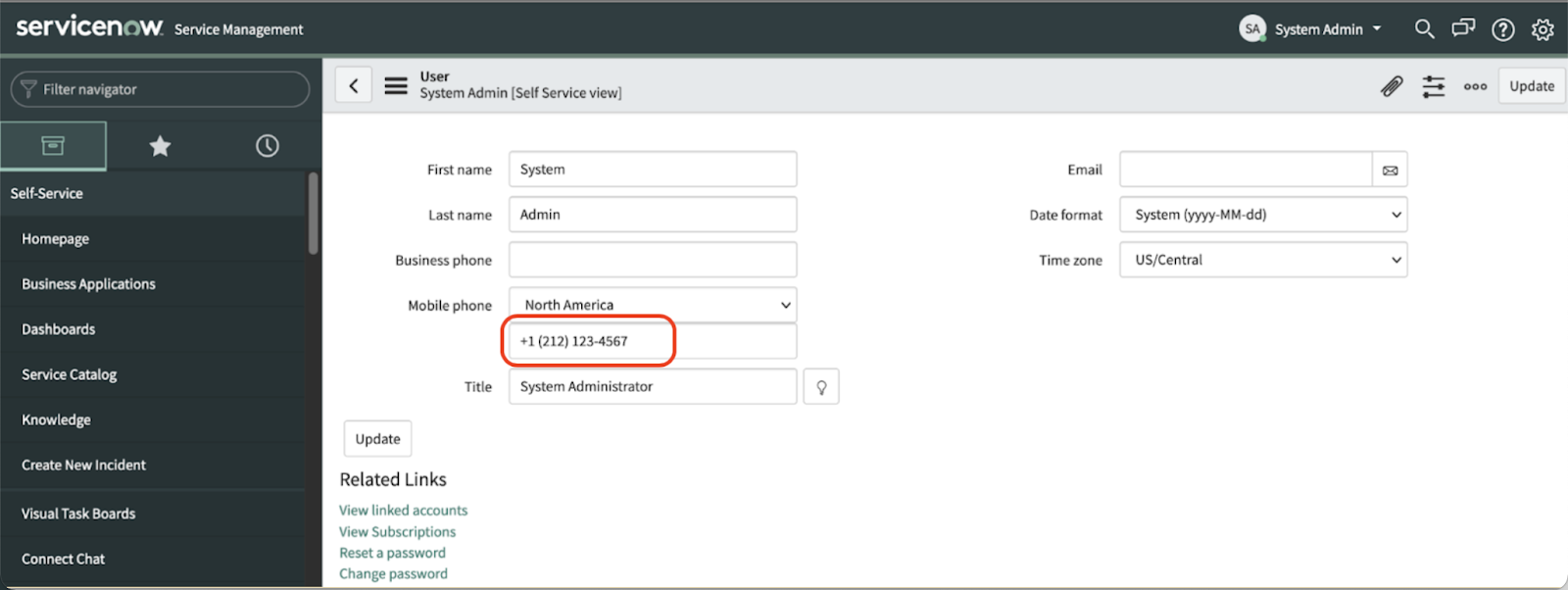 A screenshot of the System Admin section of the ServiceNow dashboard