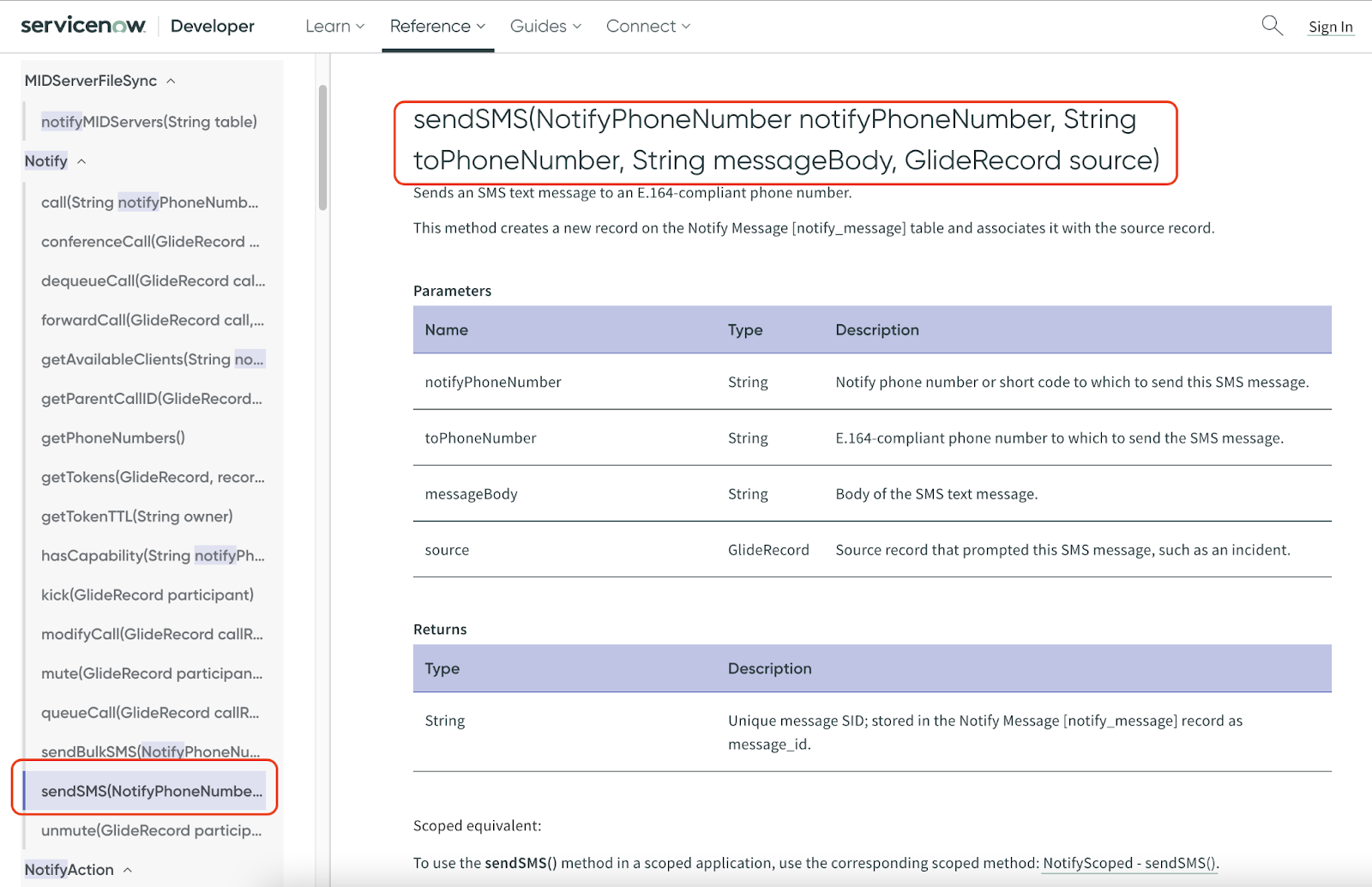 A screenshot of the ServiceNow sendSMS() API reference