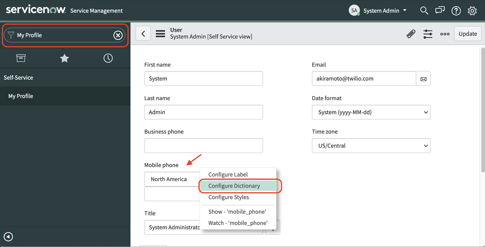 A screenshot showing the User section of the ServiceNow dashboard