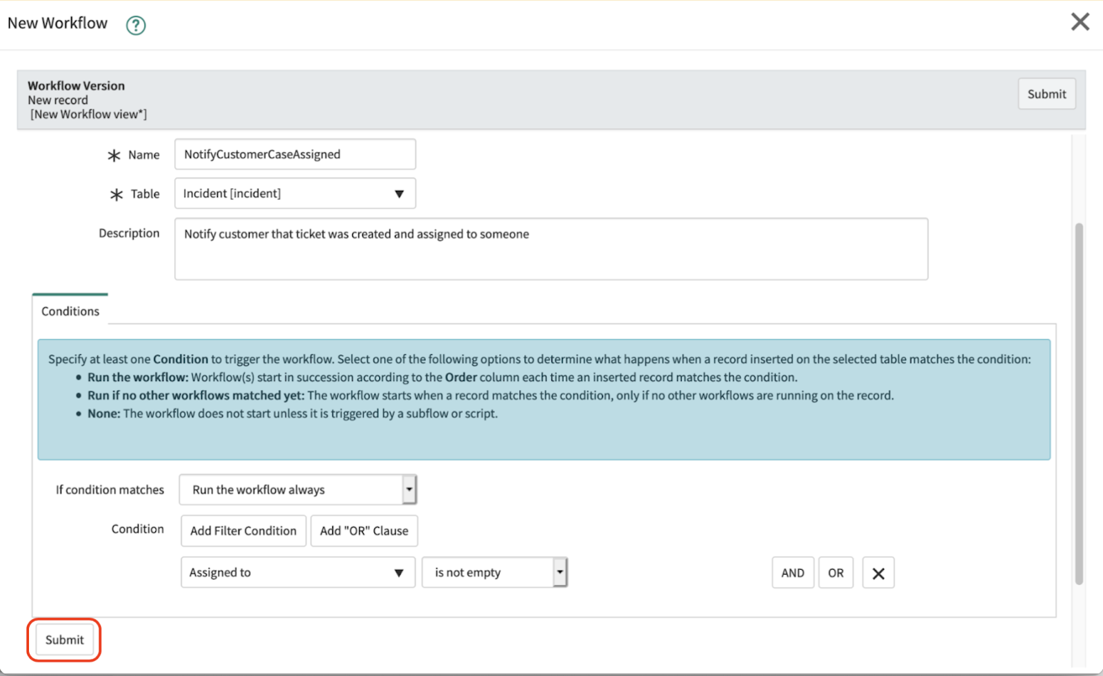 A screenshot of the Conditions tab in the New Workflow pop in the ServiceNow dashboard