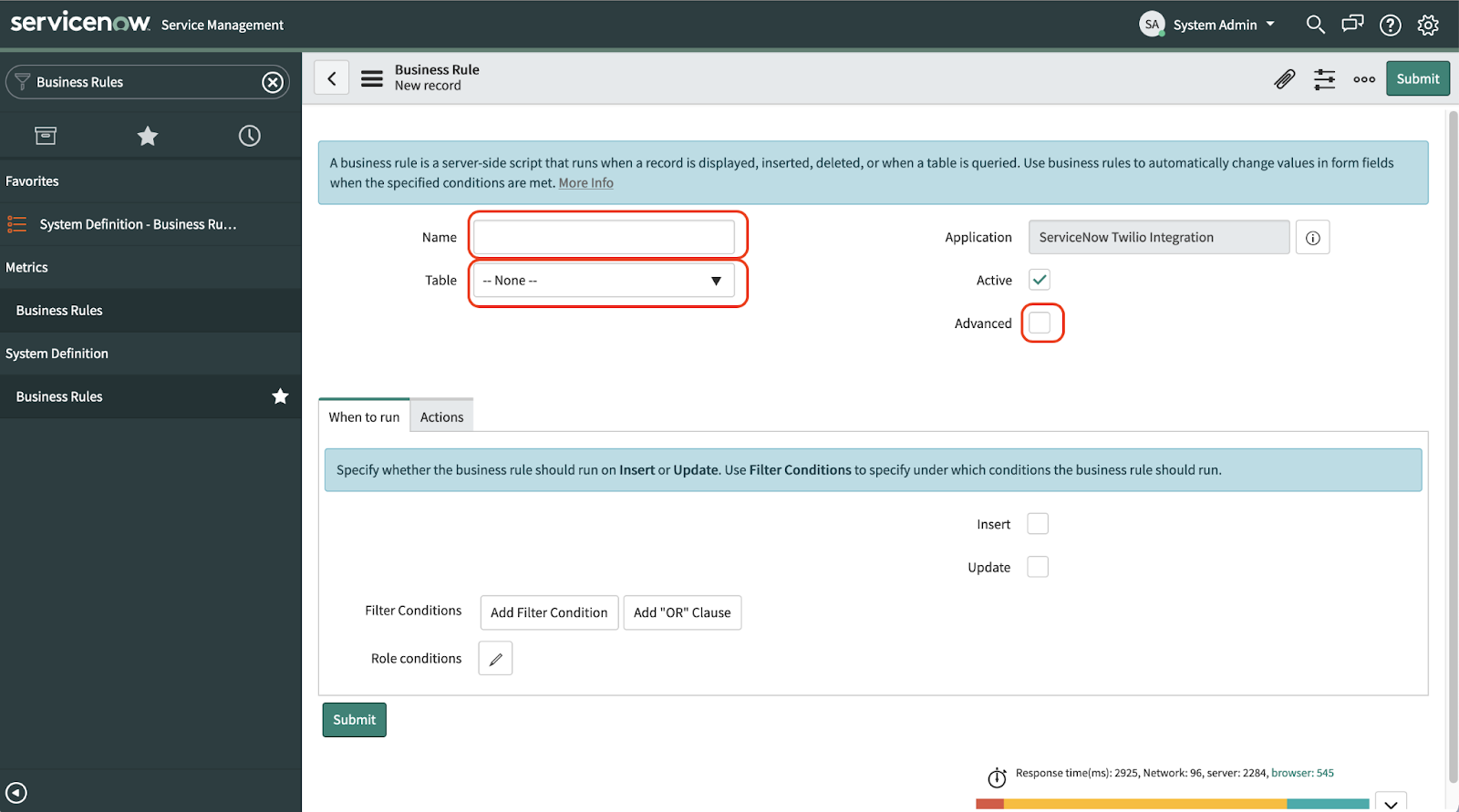 A screenshot of the Business Rule detail page in the ServiceNow dashboard