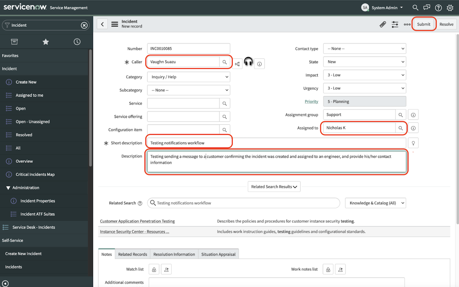 A screenshot of the Incident detail page in the ServiceNow dashboard