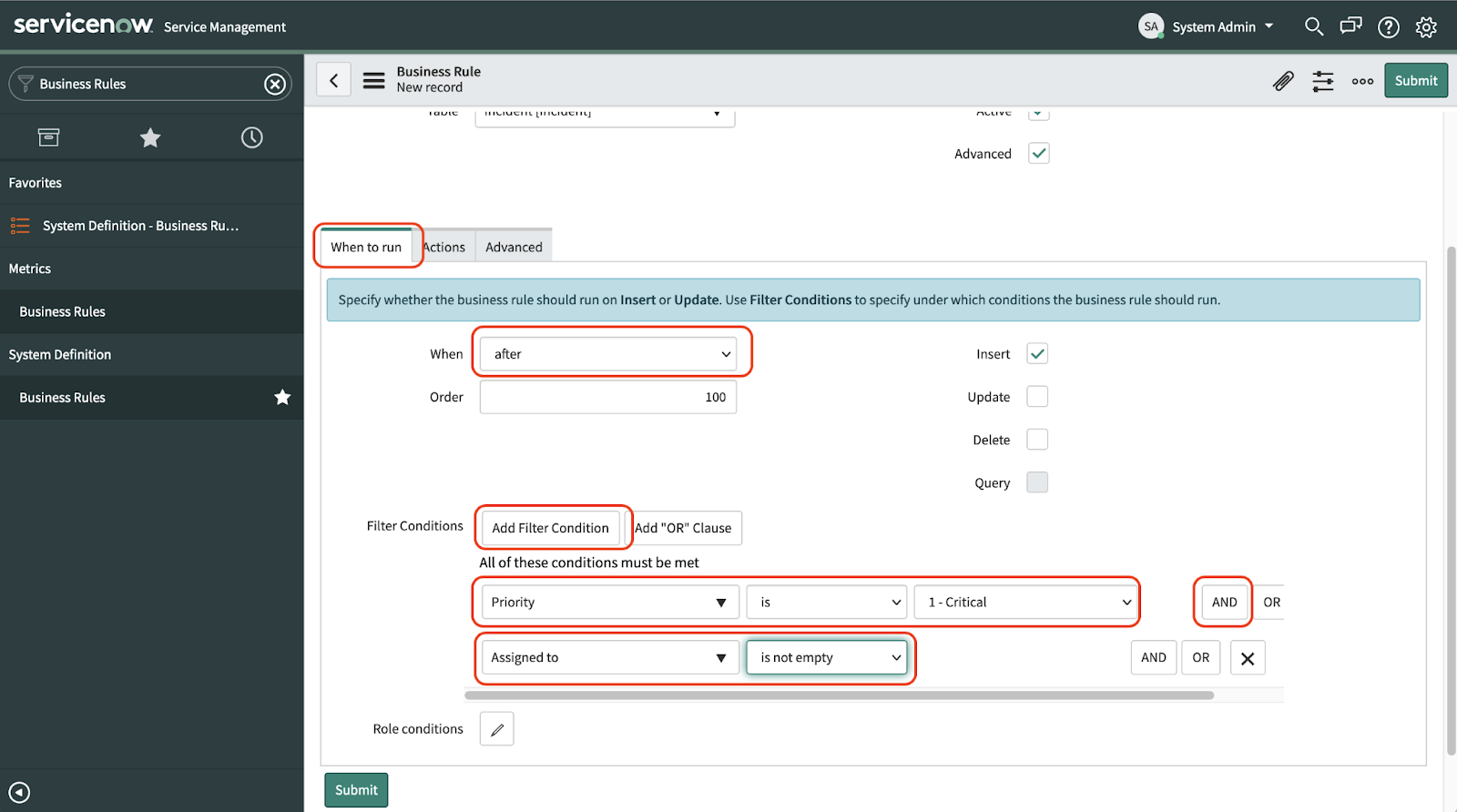 A screenshot of the Business Rule detail page in the ServiceNow dashboard