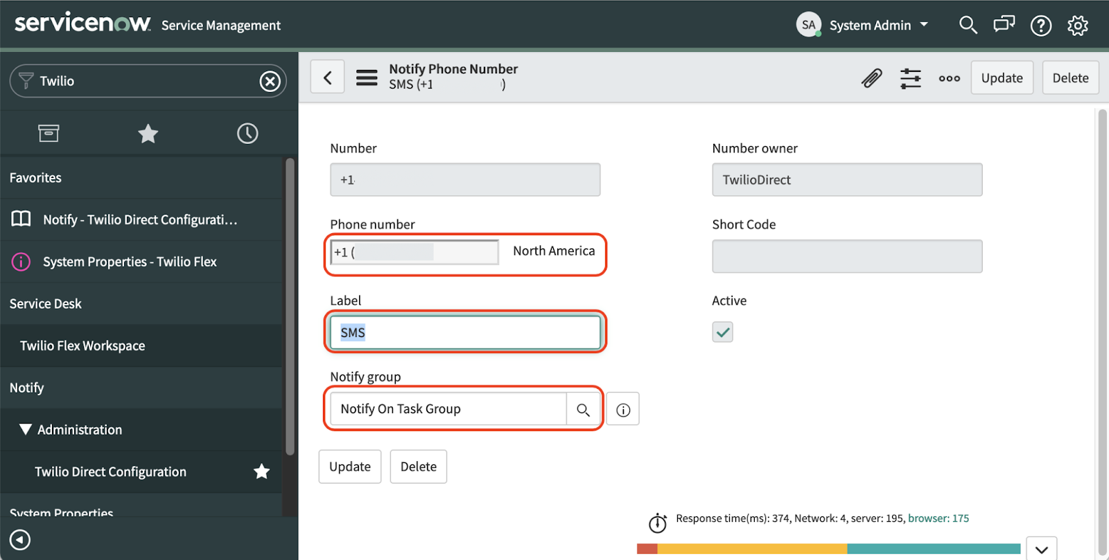 A screenshot of the Notify phone number configuration section of the ServiceNow dashboard