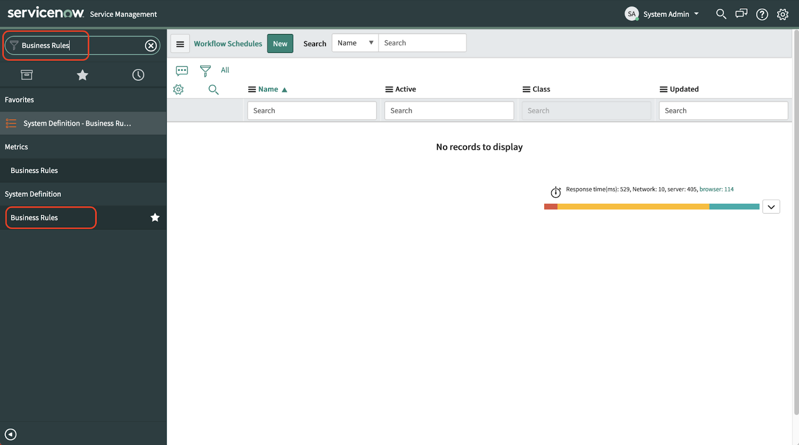 A screenshot of the Business Rules section of the ServiceNow dashboard