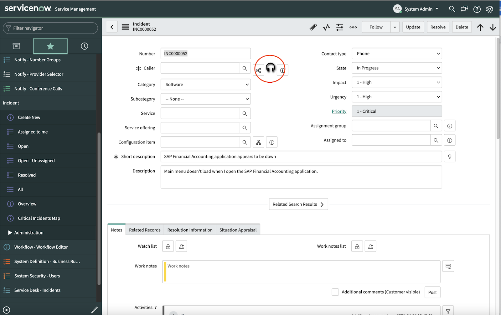 A screenshot showing the Incident detail page of the ServiceNow dashboard