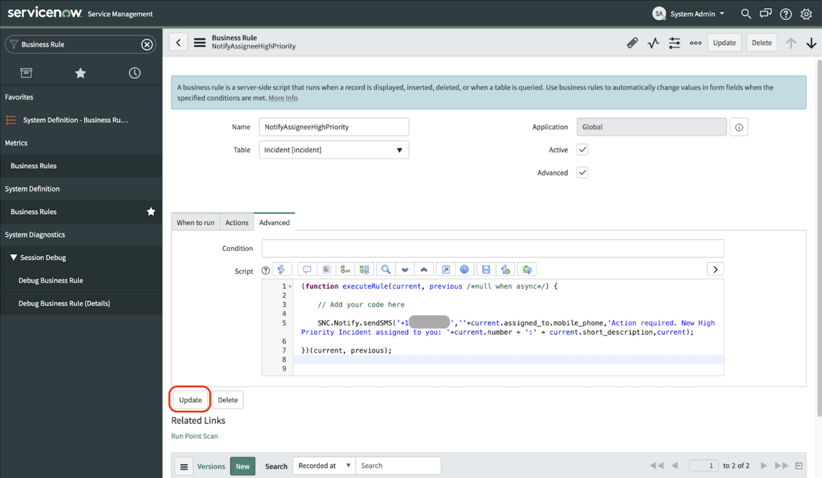 A screenshot of the Business Rule detail page in the ServiceNow dashboard