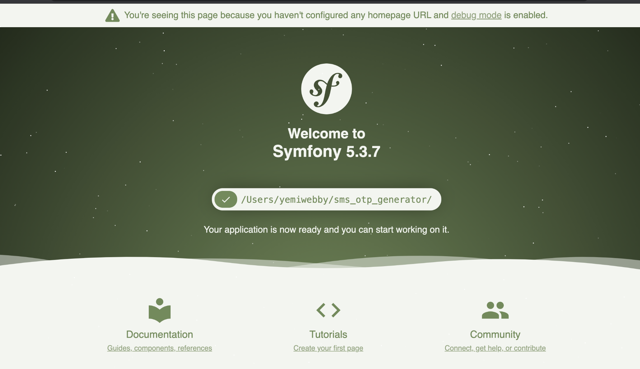 The default Symfony home page