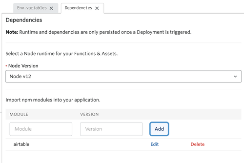 A seção de dependências do Twilio Serverless, que inclui o Airtable