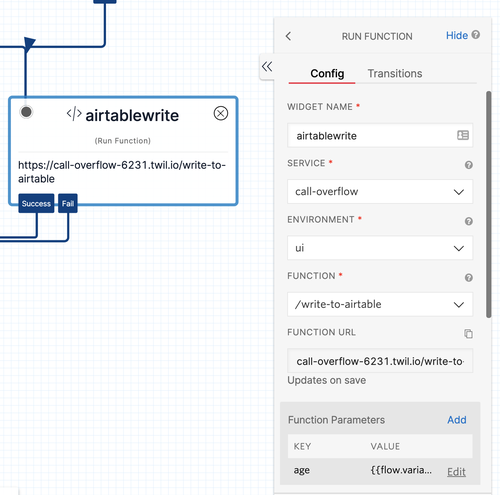 O widget airtablewrite juntamente com a configuração e o serviço de estouro de chamadas selecionado no menu suspenso