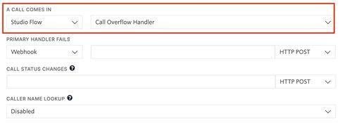 imagem da parte do console de números de telefone do Programmable que anota a escolha do fluxo do Studio no menu suspenso &#x27;A Call Comes In&#x27; (Uma chamada recebida)