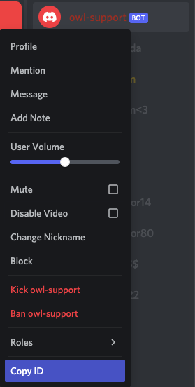 Screenshot of Discord menu to copy a bot ID