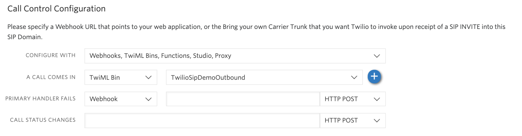 Call control configuration setting a TwiML Bin