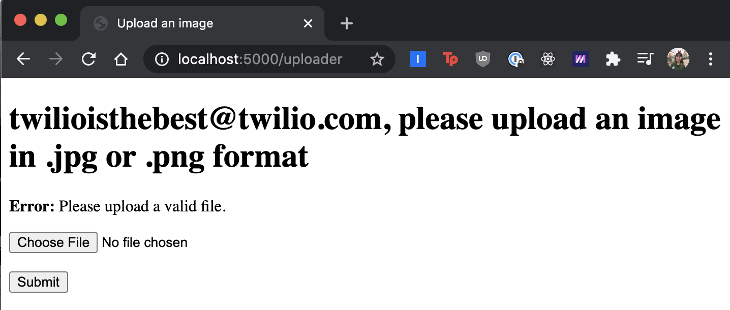 screenshot of localhost:5000 "uploader" page telling the email address to upload a valid file in .jpg or .png format