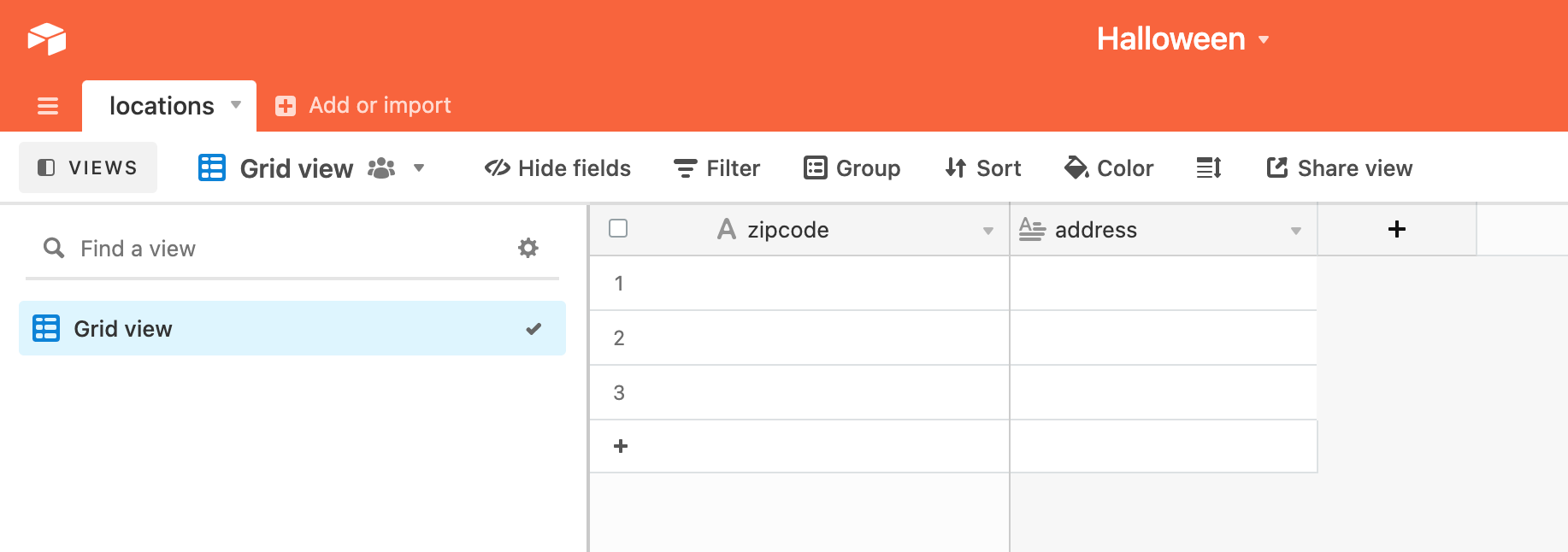 screenshot of airtable base with one table called locations and two fields, zipcode and address