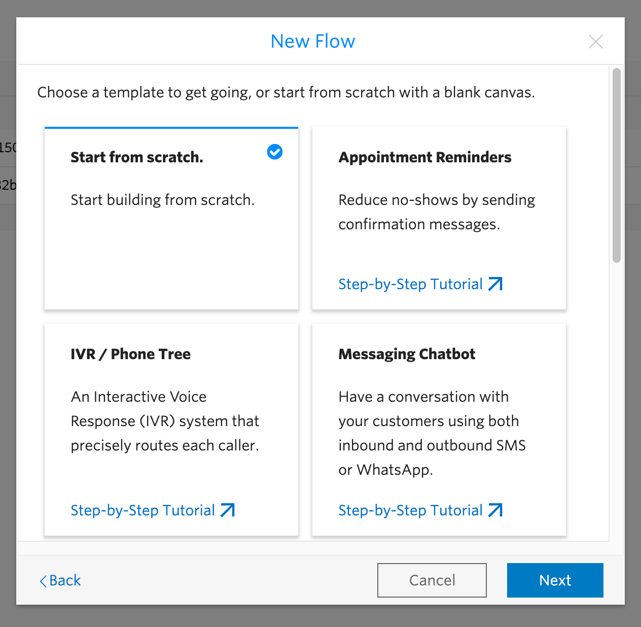 Screenshot of studio flow options