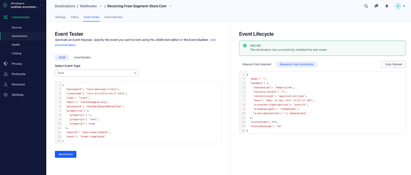 O testador de eventos do Twilio Segment em ação