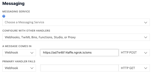 input the unique ngrok url webhook with a route directing to sms