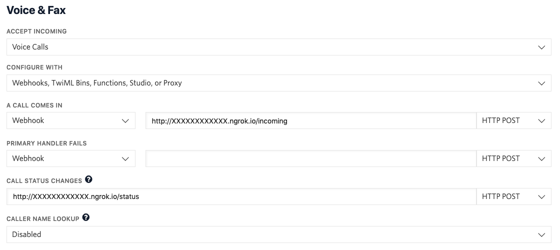 Adding ngrok webhooks to Twilio Phone Number Voice and Fax settings page