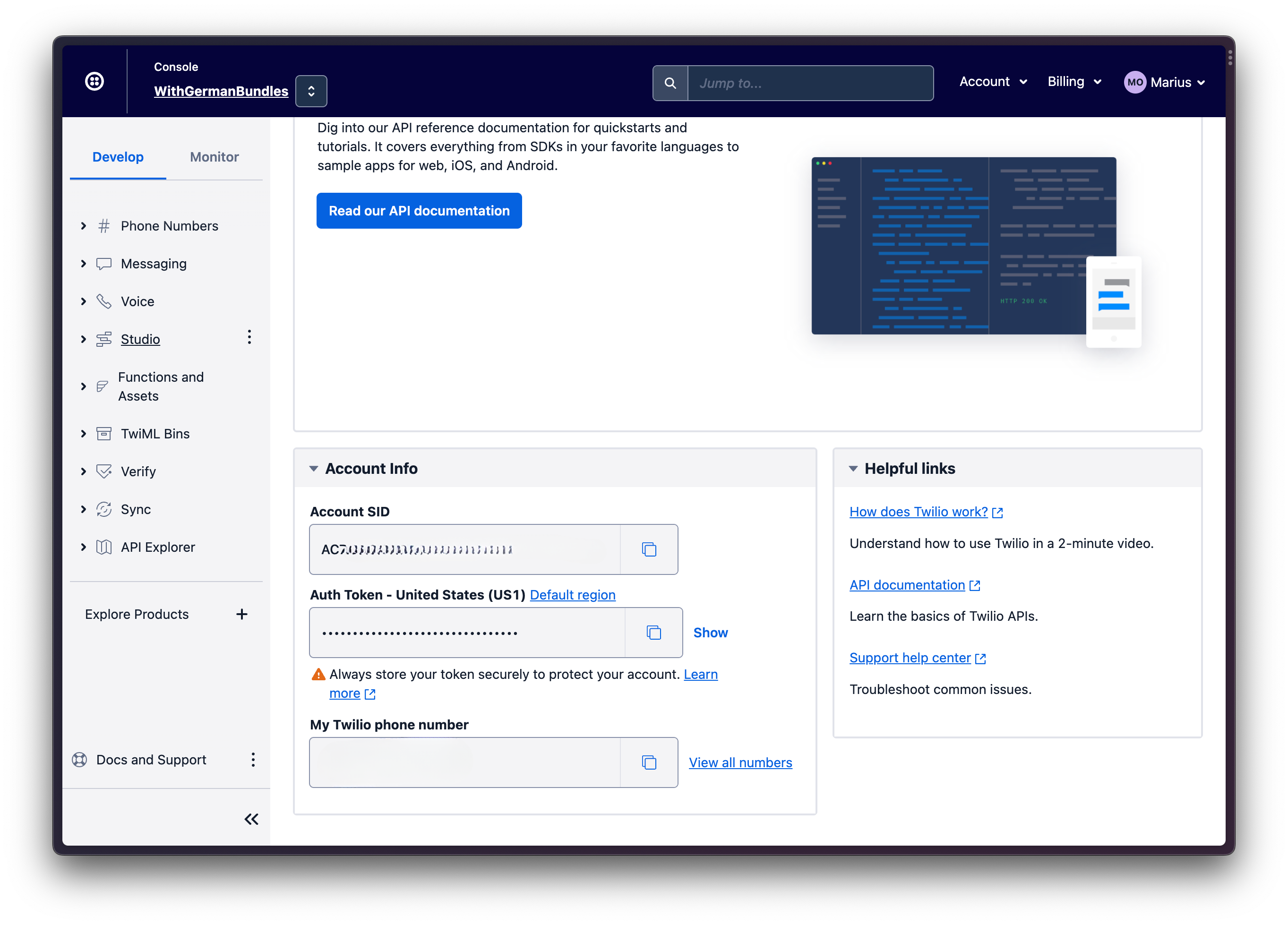 Twilio Console with credentials