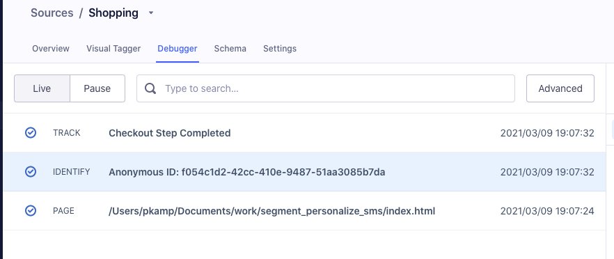 Debugger events inside Segment showing a cart failure