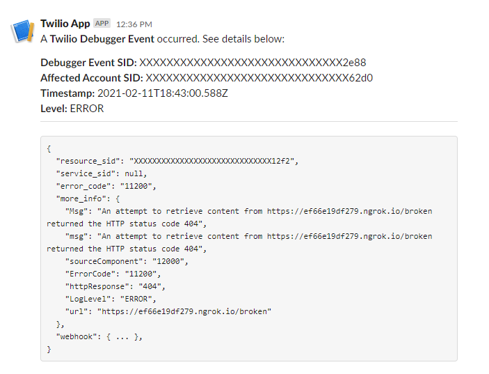 Twilio error in Slack channel
