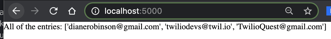 example of Flask output on localhost:3000 showing a list of fake emails